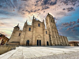 Low-angle shot of Segovia Cathedral at sunset