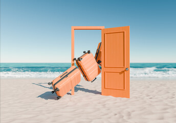 Fototapeta premium Gateway to Summer. Open Door to the Beach with Floating Suitcases