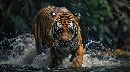 Tiger walking through a river. Generative AI