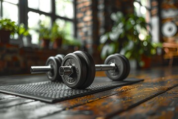 A pair of dumbbells are on a mat on a wooden floor