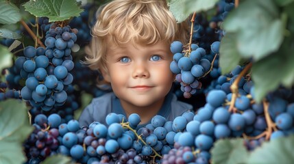 Child taking grapes from vine in autumn. Little boy in vineyard. Fight picking grapes with old knife
