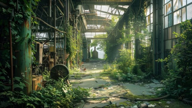 A large, abandoned building with a lot of greenery growing on it