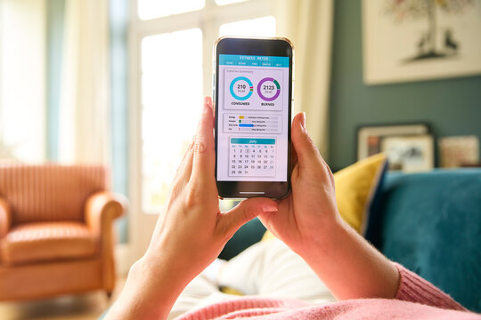 Close Up Of Woman Looking At Screen Of Activity Tracker On Mobile Phone Relaxing On Sofa At Home
