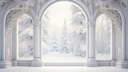 3D render of a white arch with a window, in a fantasy 3D 3D render of a white arch with a window, in a fantasy background, winter landscapebackground, winter landscape