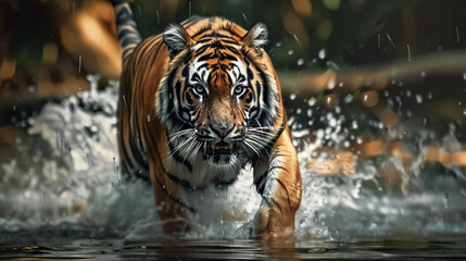 Naklejka premium Tiger walking through a river. Generative AI