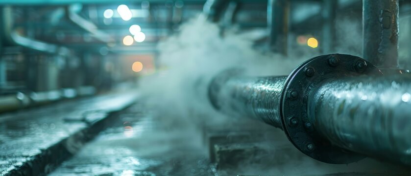 Closeup of a pipeline with visible steam or gas leaks in an old industrial plant, highlighting the need for maintenance and safety in chemical facilities