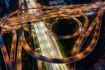 Aerial view of the night view of the Wuhan Guanggu Avenue Interchange.