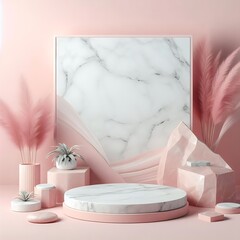 minimalist pink marble podium platform for product presentation with plant and rock stone decorations.