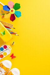 Preschool summer camp idea. Vertical top view of art supplies: colored pencils in case, paints,...