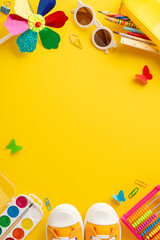 Creative summer program idea. Vertical top view of creativity supplies: colored pencils, paints,...