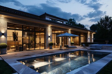 Luxury villa with swimming pool and patio furniture's at night