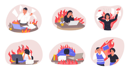 Professional burnout. Employees on fire at work, cartoon office chaos of deadline and working stress