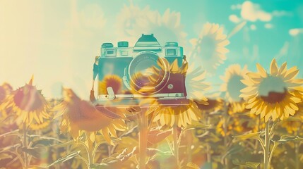 Sunflower Field with Vintage Camera Overlay Double Exposure