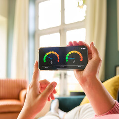 Close Up Of Woman Looking At Screen Of Energy Smart Meter On Mobile Phone Relaxing On Sofa At Home