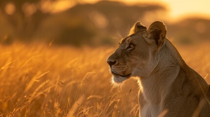 A majestic lioness in golden light surveying the vast savanna during sunset