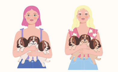 Vector of two girls with bright hair holding three puppies each, showcasing love for animals and joyful companionship