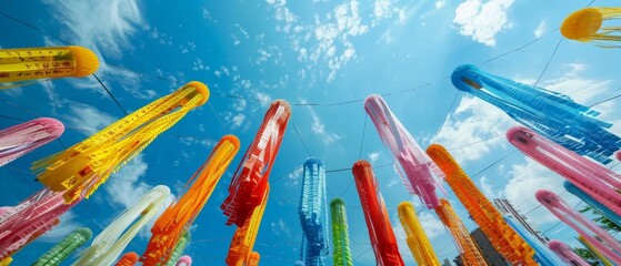Obraz premium A striking view of Tanabata festival streamers flowing in the wind against a clear blue sky, symbolizing hopes and dreams during the festive season.