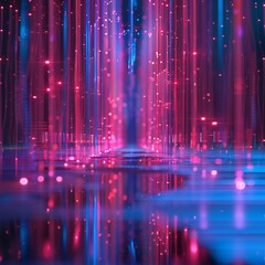 Pink and blue glowing light rays with shiny particles on dark background.