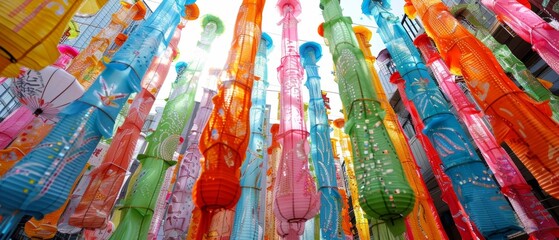 Colorful Tanabata festival decorations dangle above a busy street, creating a canopy of festive vibrance and cultural expression in Japan.