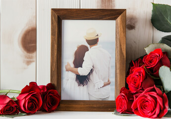 Romantic Frame Mockup With Red Roses, Generative ai