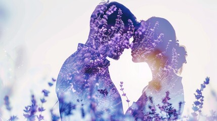 Dreamy Lavender Field Overlay on Couple Embracing