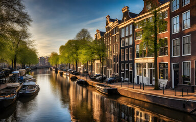 Calm morning on the canals of Amsterdam, Netherlands, historic buildings, reflective water, peaceful - Powered by Adobe