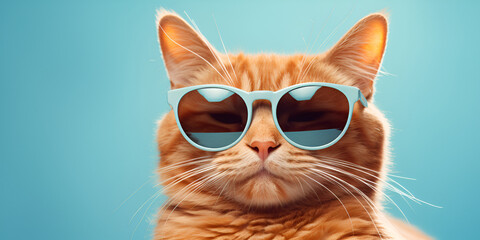 Closeup portrait of funny ginger cat wearing sunglasses isolated on light blue background
