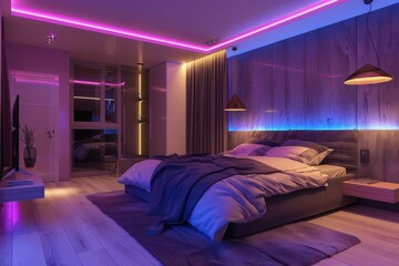 Modern bedroom with a multicolored led strip lights by night