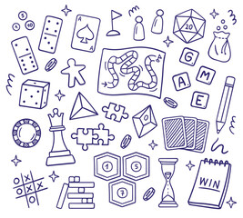 Doodles set with board games. Puzzle, domino, chess, cards, and other. Fun hobby and recreation. Hand-drawn vector illustrations isolated on a white background.