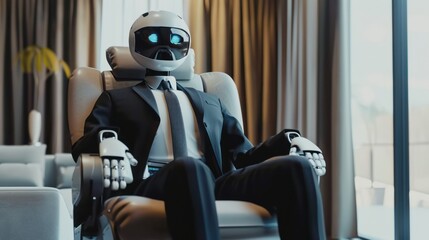 Detailed futuristic robot or cyborg in a suit sitting on a chair in an office.