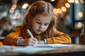 Cute student writing at a table in a classroom in an elementary school. A student takes a test in elementary school. Children writing notes in class
