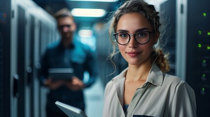 Fototapeta premium A portrait of an attractive female IT professional standing amidst the advanced data center environment