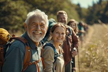 middle age group friends, hiking, happy, random scenes 