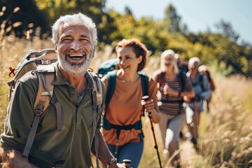 middle age group friends, hiking, happy, random scenes 