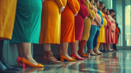 Fototapeta premium A group of pregnant women stand in a line, wearing colorful dresses