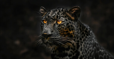 Obraz premium Stunning close-up image of a majestic jaguar with intense amber eyes, highlighted against a dark background, showcasing the intricate patterns and textures of its fur
