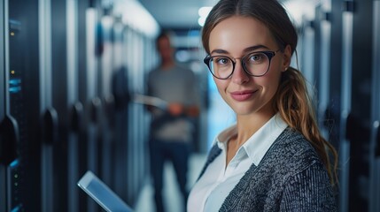A portrait of an attractive female IT professional standing amidst the advanced data center environment