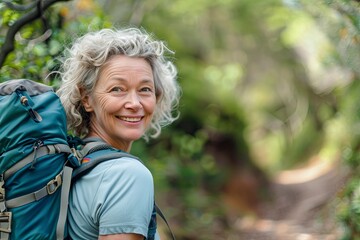 middle age woman, hiking, happy, random scenes