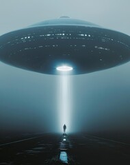 Minimalist design, a giant black UFO blue shines a beam of light on a man standing below it in the middle of the old lonely road, the beam is made up of lines