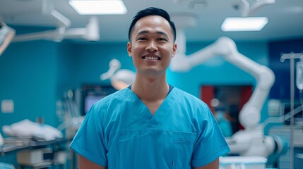 portrait of doctor in his blue scrubs smiling to viewer, man asian, 40s years old. modern clean minimalist interior design operation theatre with a robotic arm, bright, color blue