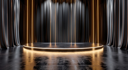 Circular stage surrounded by dark metallic curtains, featuring golden edge lighting. The stage is set on a glossy, reflective floor in a dimly lit environment, creating a elegant presentation space