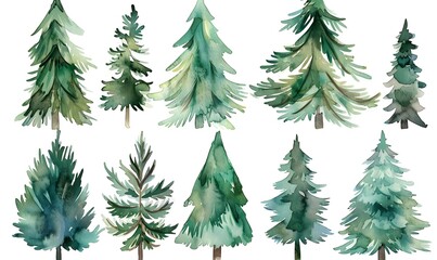 a set of watercolor pine trees ,  Generative AI