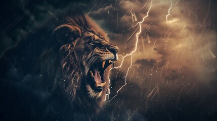 Roaring Lion Double Exposure Overlayed on Stormy Lightning
