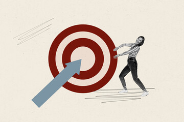 Creative collage of leader getting his goal achieve her dream showing her strategy finish dartboard...