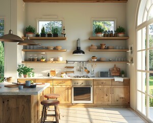 Airy kitchen with open shelving and natural light, high detail, rule of thirds