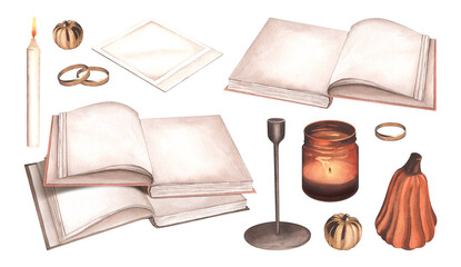 Set for cozy reading. Books, candles, candle holder, fall pumpkin home decor, photo card and removed rings. Watercolor illustration. Home library. An open album for memories