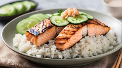 Steamed white rice, grilled salmon fillet, and fresh cucumber slices come together to make a filling and healthful dinner that is good for the body as well as the palate.