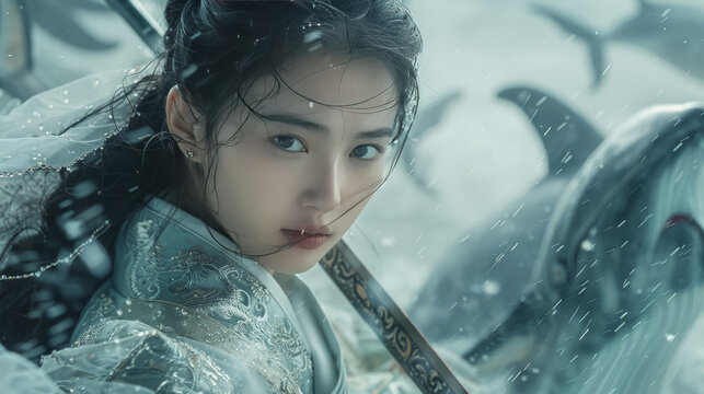 Portrait of a beautiful chinese woman in traditional costume with sword