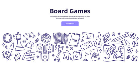 Board games doodles. Puzzle, domino, chess, cards, and others. Fun hobby and recreation. Hand-drawn vector illustrations for web banners. 