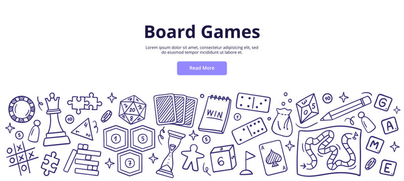 Board games doodles. Puzzle, domino, chess, cards, and others. Fun hobby and recreation. Hand-drawn vector illustrations for web banners. 